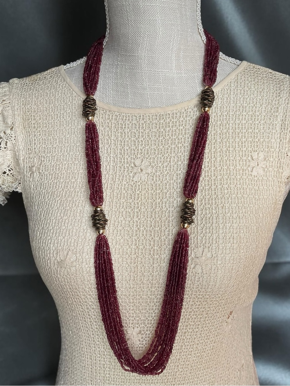 Tourmaline Tested Burgundy Multi Strand Beaded Necklace Copper Tone Accents